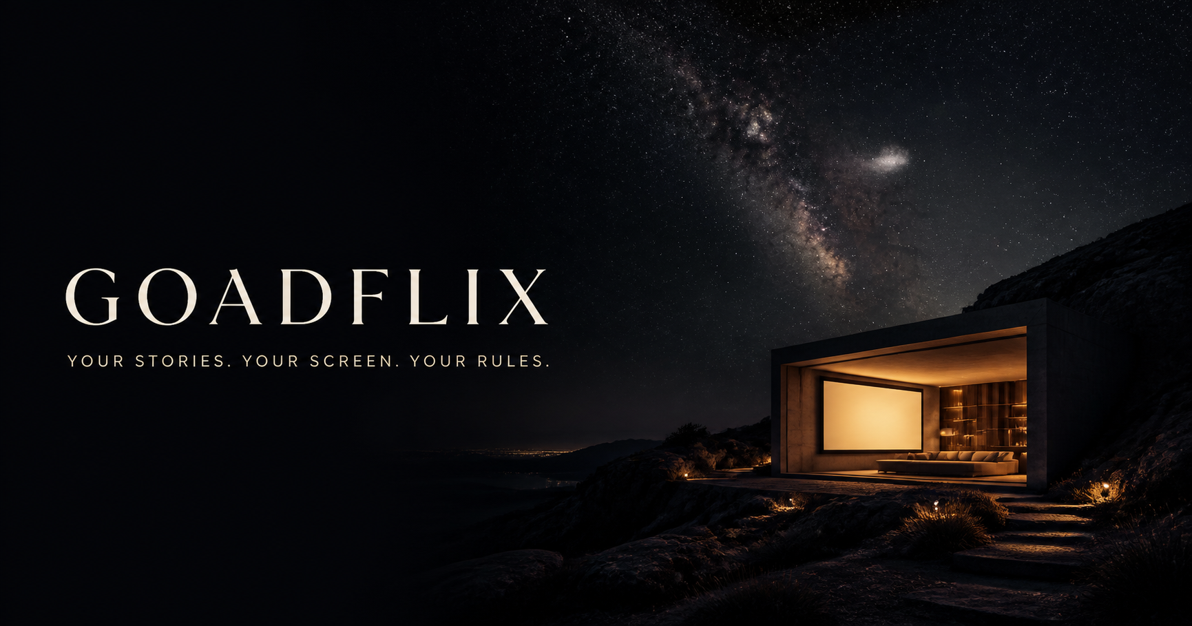 Goadflix private cinema under a star-filled sky